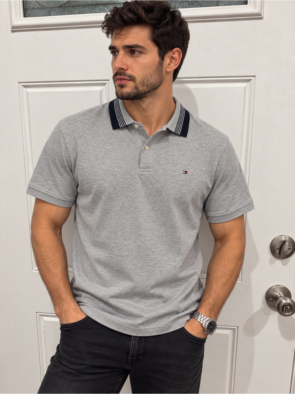 Tommy Hilfiger Light Gray Polo with Navy Contrast Collar